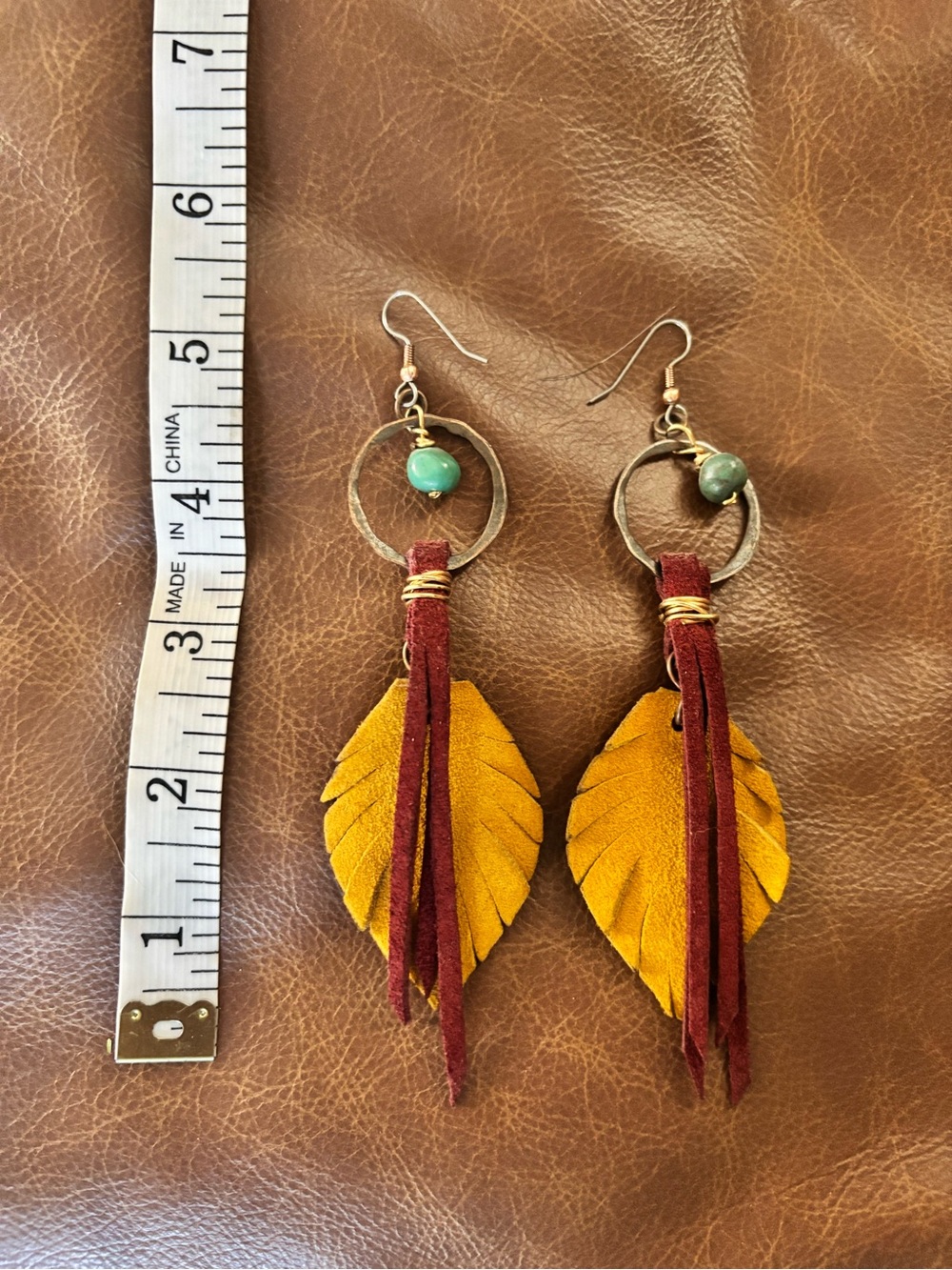 Boho Suede Leaf Drop Earrings with Turquoise Bead - Mustard Yellow & Burgundy